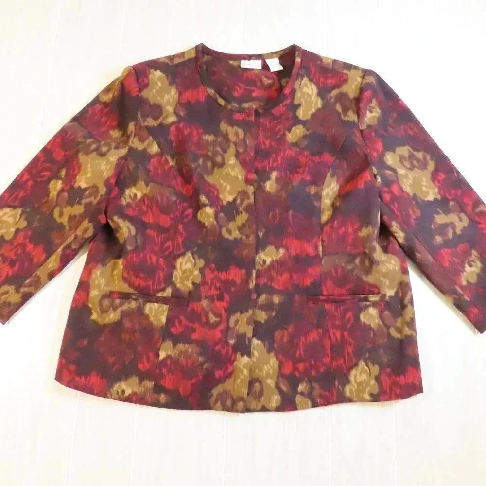 Kim Rogers Floral Red Brown Jacket Blazer Size XL